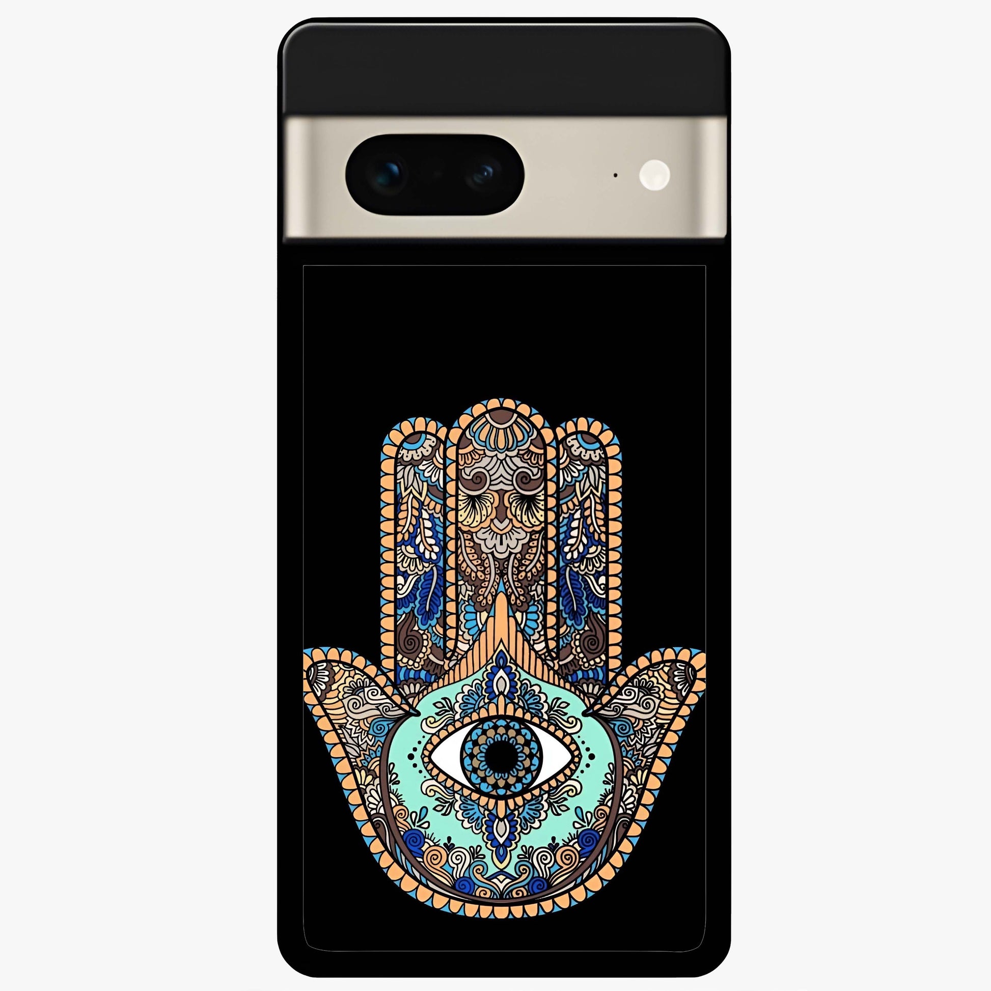 Mystic Hamsa Eye Glass Case showing flat back view with protective hamsa hand and evil eye artwork and glossy glass finish.