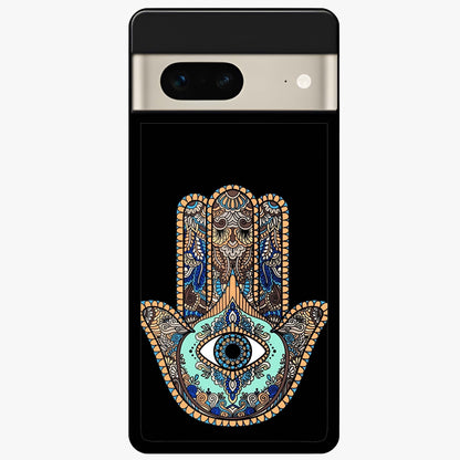 Mystic Hamsa Eye Glass Case showing flat back view with protective hamsa hand and evil eye artwork and glossy glass finish.