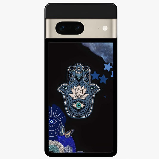 Mystic Hand Aura Glass Case showing flat back view with mystical hand symbol artwork and glossy glass finish.