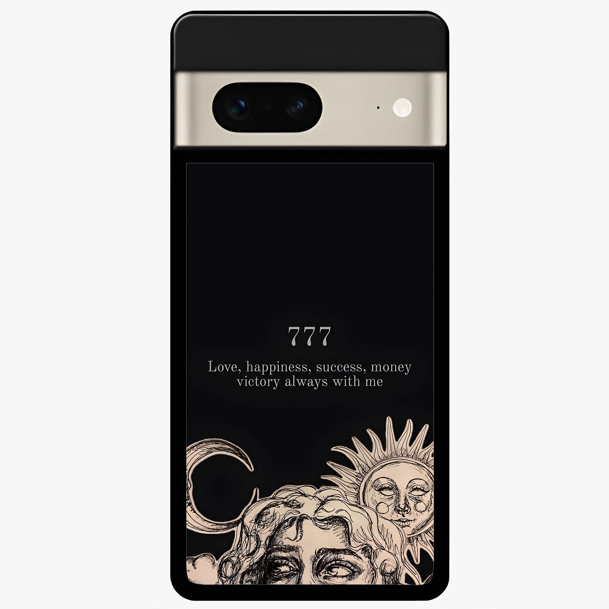 Mystic Victory Aura Glass Case showing flat back view with victory symbol artwork and glossy glass finish.