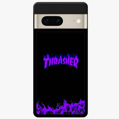 Neon Flame Riot Glass Case showing flat back view with neon flame artwork and glossy glass finish.