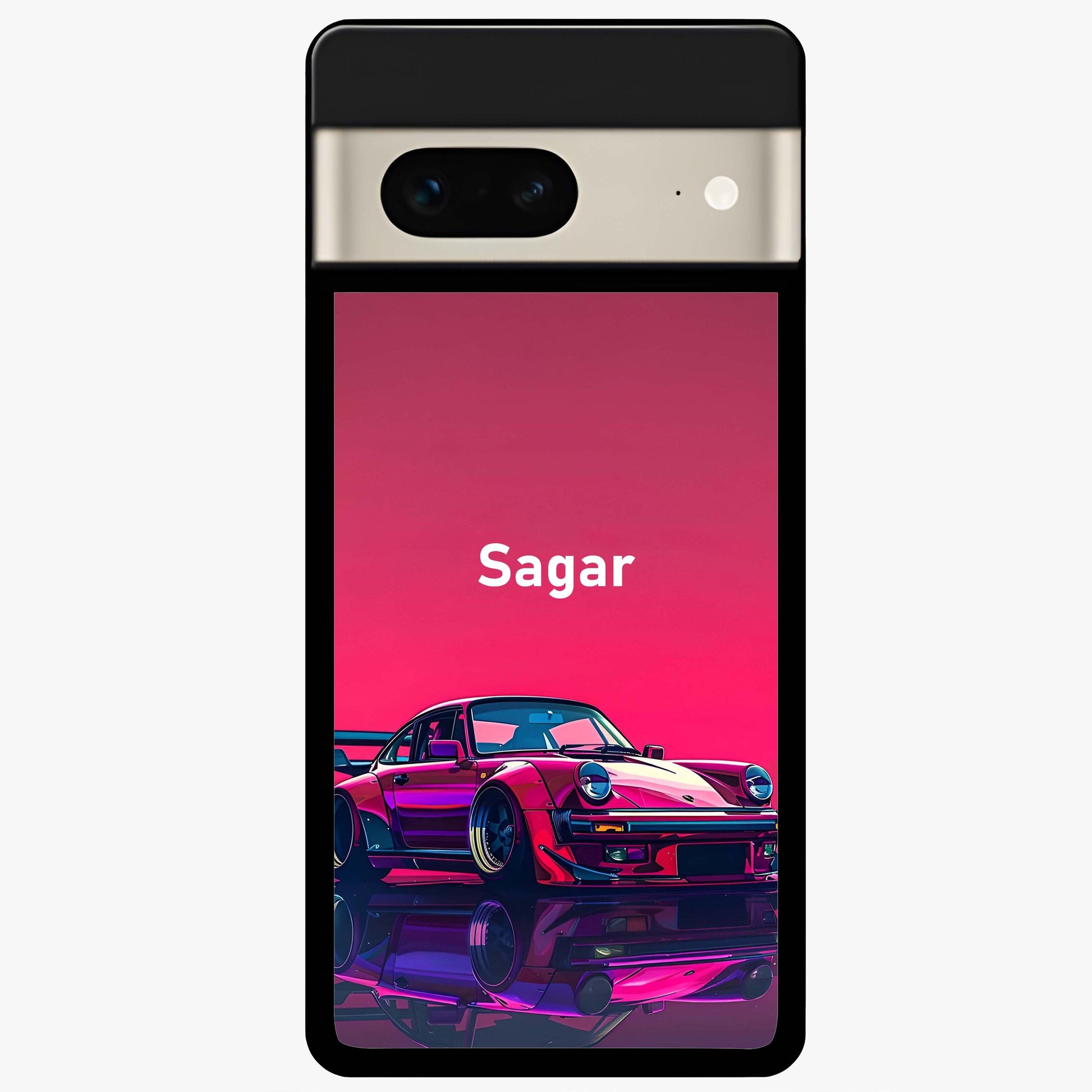 Neon Pink Porsche Glass Case showing flat back view with stylish sports car artwork and glossy glass finish.