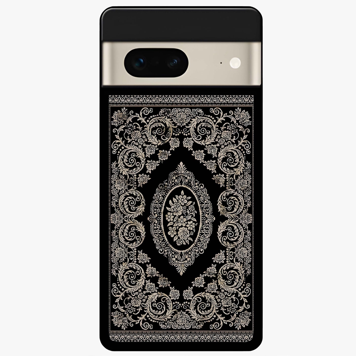 Noir Bloom Elegance Glass Case showing flat back view with elegant dark floral artwork and glossy glass finish.