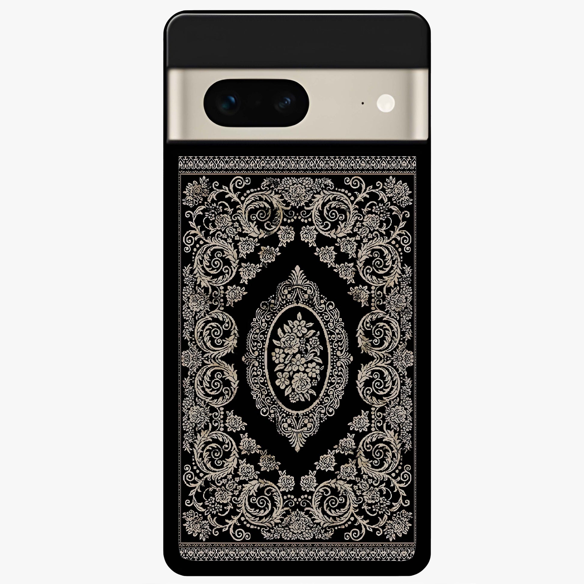 Noir Bloom Elegance Glass Case showing flat back view with elegant dark floral artwork and glossy glass finish.