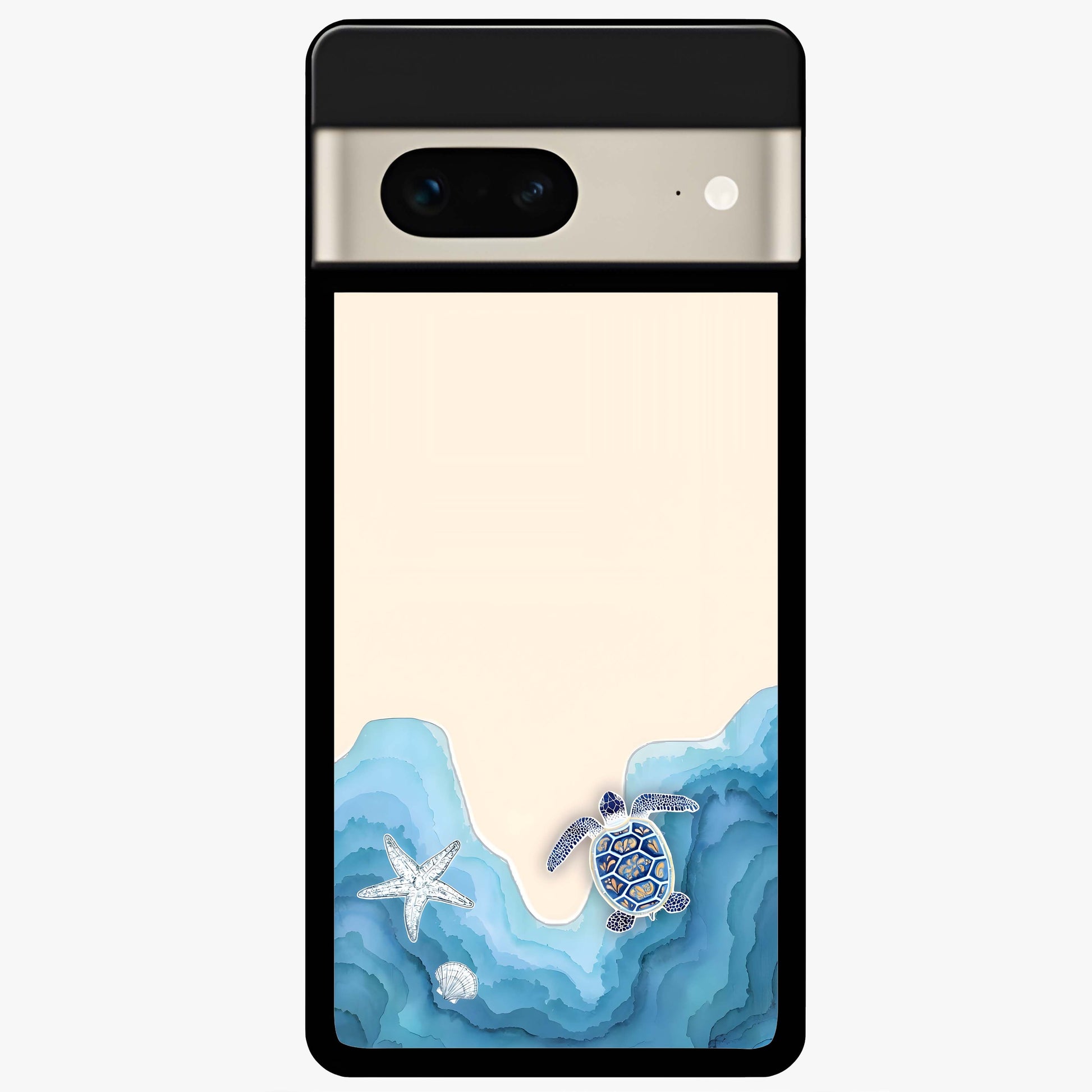 Ocean Drift Turtle Glass Case showing flat back view with sea turtle artwork and glossy glass finish.