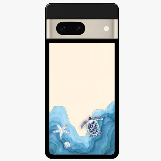 Ocean Drift Turtle Glass Case showing flat back view with sea turtle artwork and glossy glass finish.