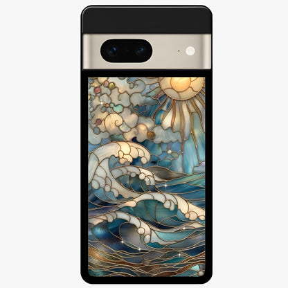 Oceanic Stained Printed Glass Case showing flat back view with ocean inspired stained pattern artwork and glossy glass finish.