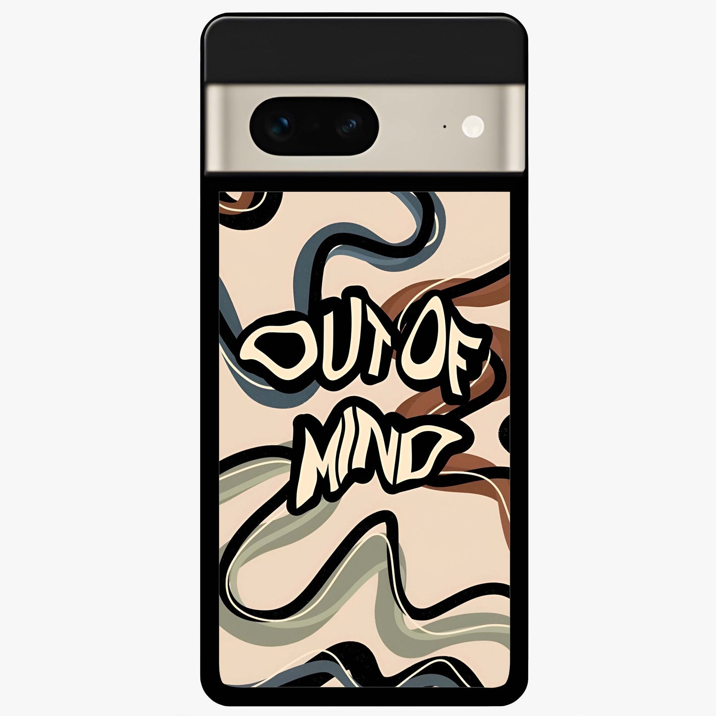 Out Of Mind Glass Case showing flat back view with expressive typography artwork and glossy glass finish.