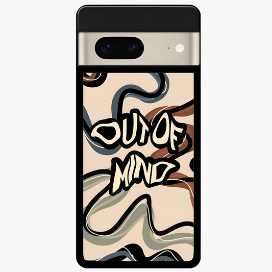 Out Of Mind Glass Case showing flat back view with expressive typography artwork and glossy glass finish.