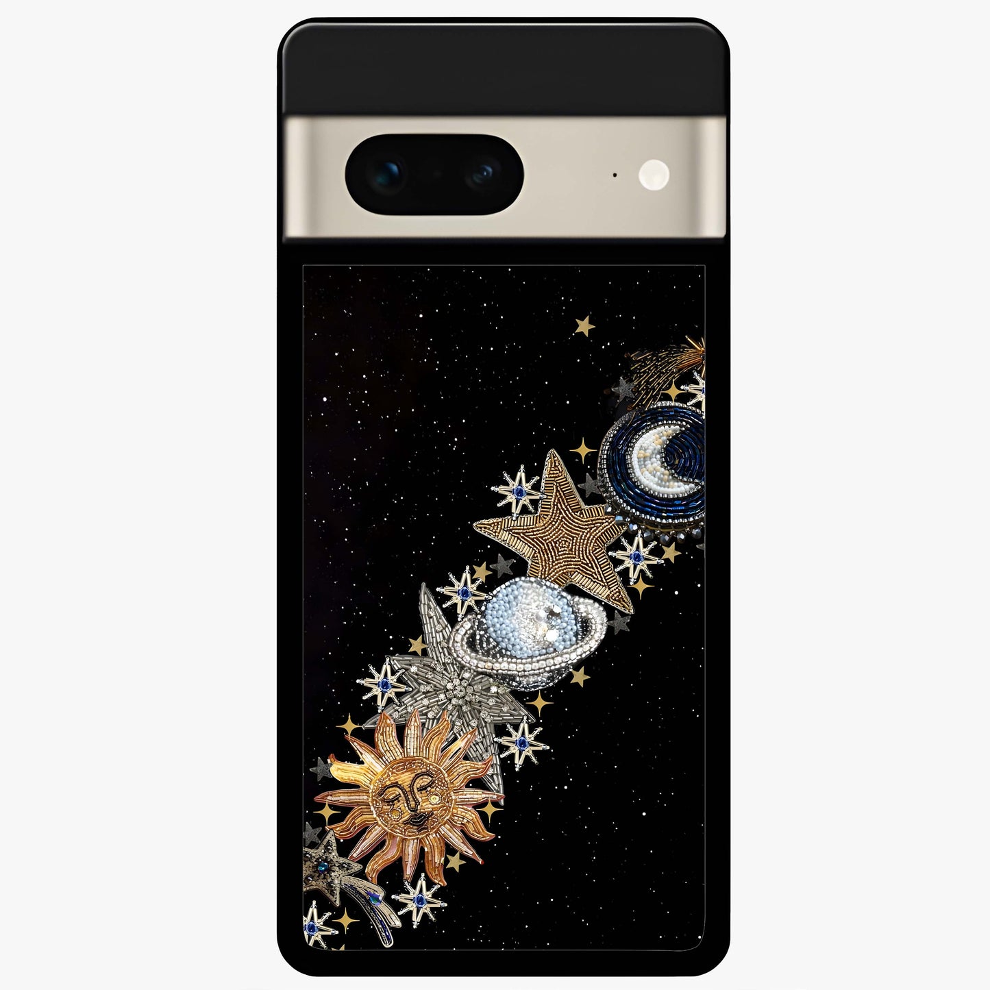 Pearls Universe Object Glass Case showing flat back view with pearl inspired cosmic artwork and glossy glass finish.