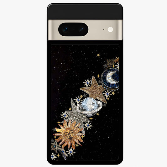 Pearls Universe Object Glass Case showing flat back view with pearl inspired cosmic artwork and glossy glass finish.