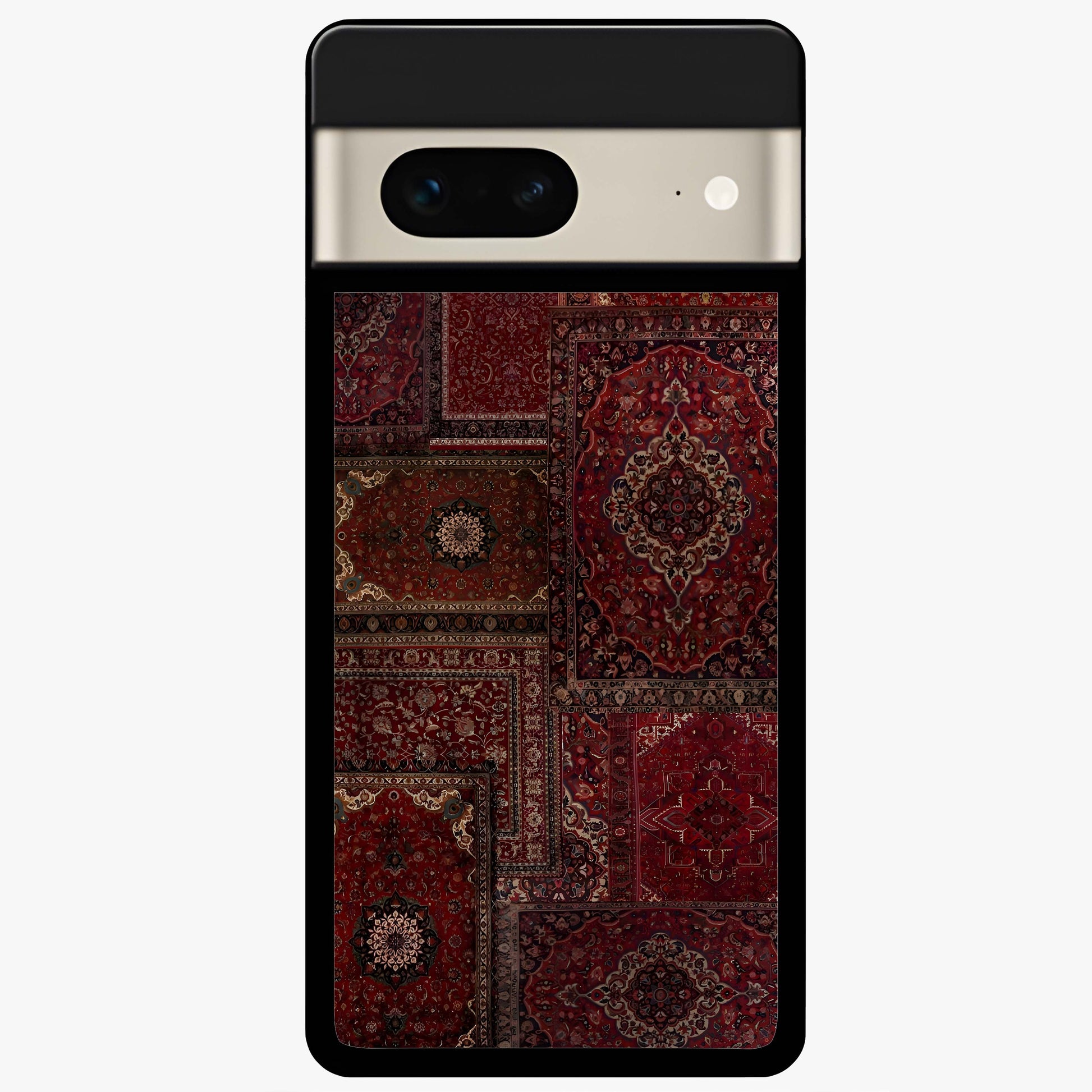Persian Velvet Tale Glass Case showing flat back view with luxurious Persian velvet pattern artwork and glossy glass finish.