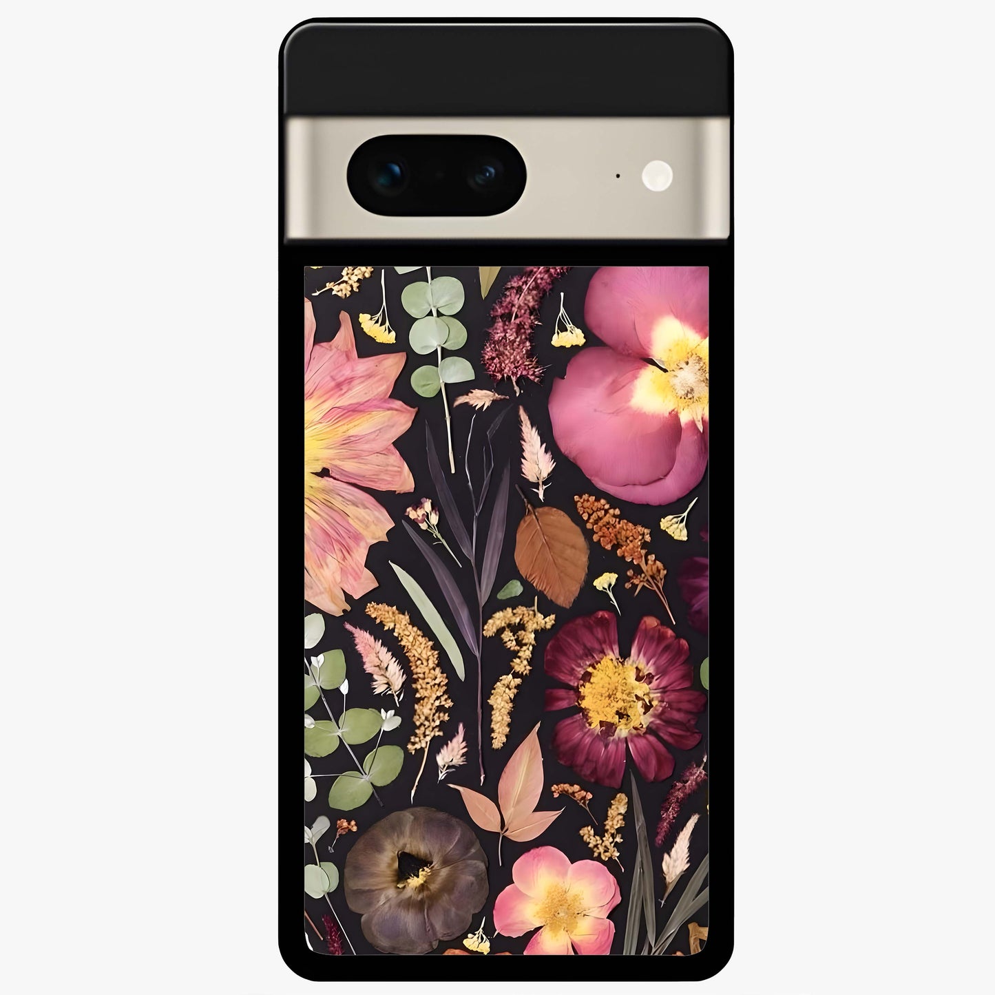 Petal Dream Tapestry Glass Case showing flat back view with intricate floral tapestry artwork and glossy glass finish.