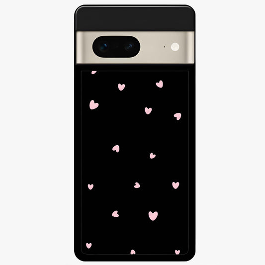 Pink Love Drops Glass Case showing flat back view with playful pink heart drops artwork and glossy glass finish.