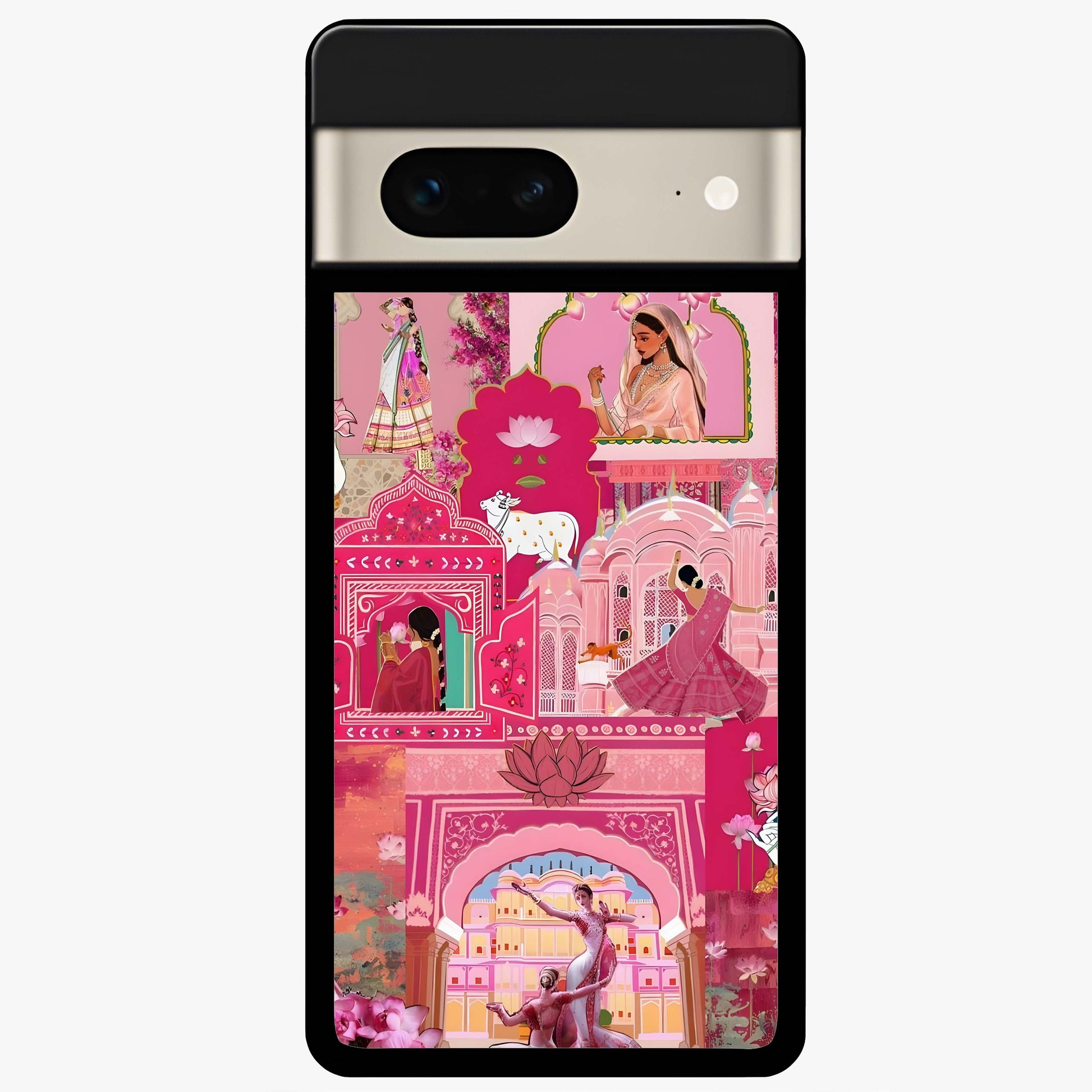 Pink Palace Muse Glass Case showing flat back view with elegant palace inspired artwork and glossy glass finish.