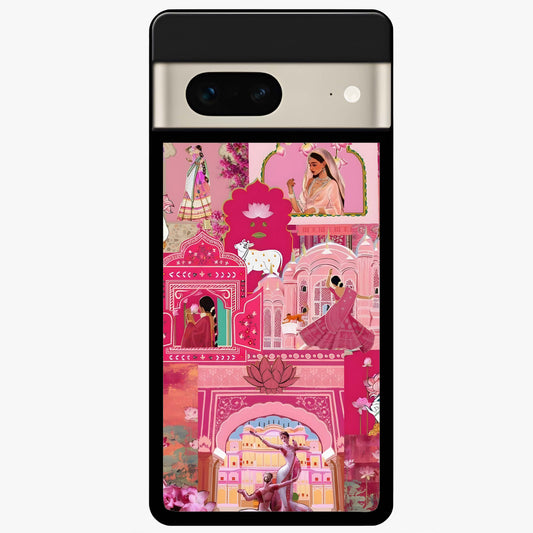 Pink Palace Muse Glass Case showing flat back view with elegant palace inspired artwork and glossy glass finish.