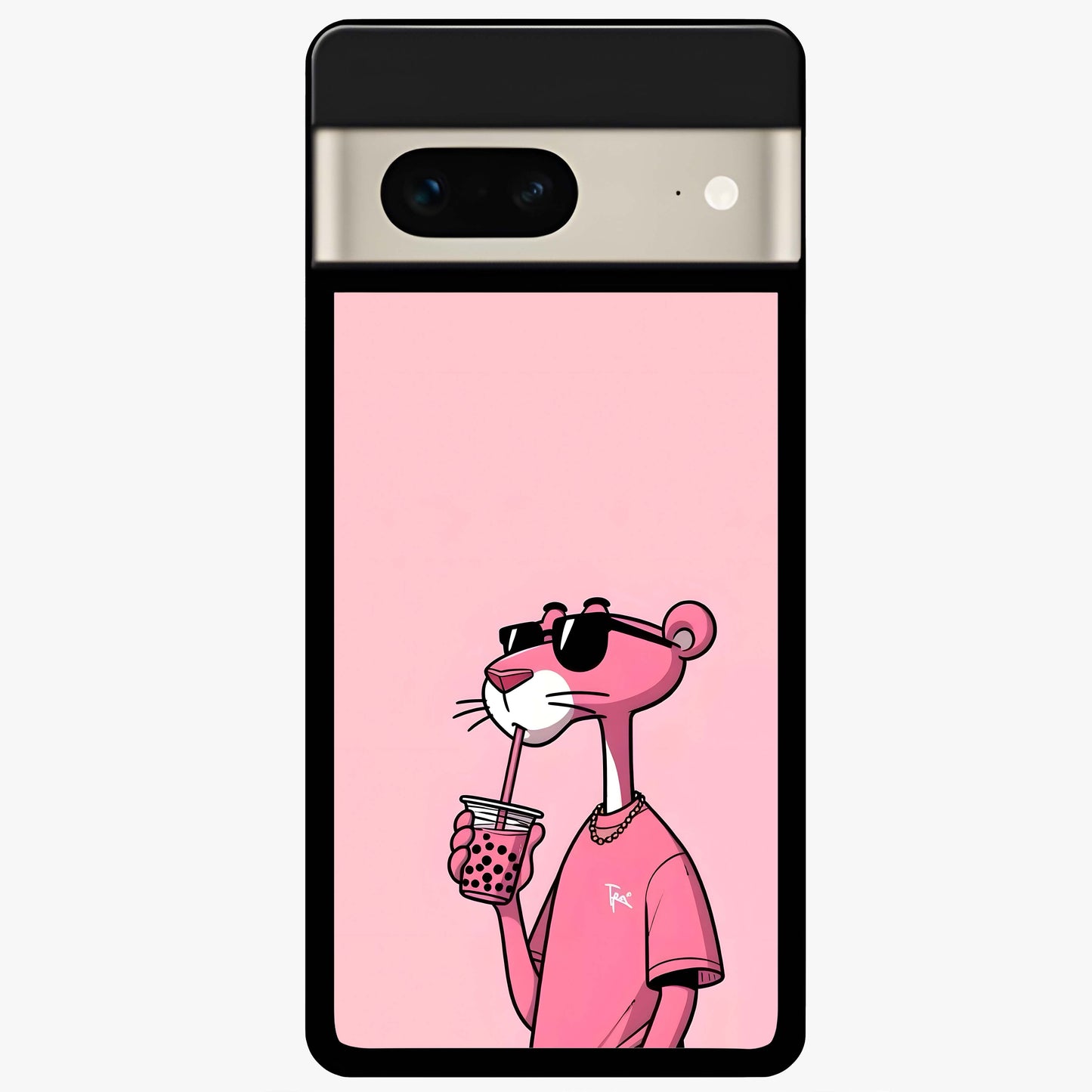 Pink Panther Glass Case showing flat back view with iconic pink panther artwork and glossy glass finish.