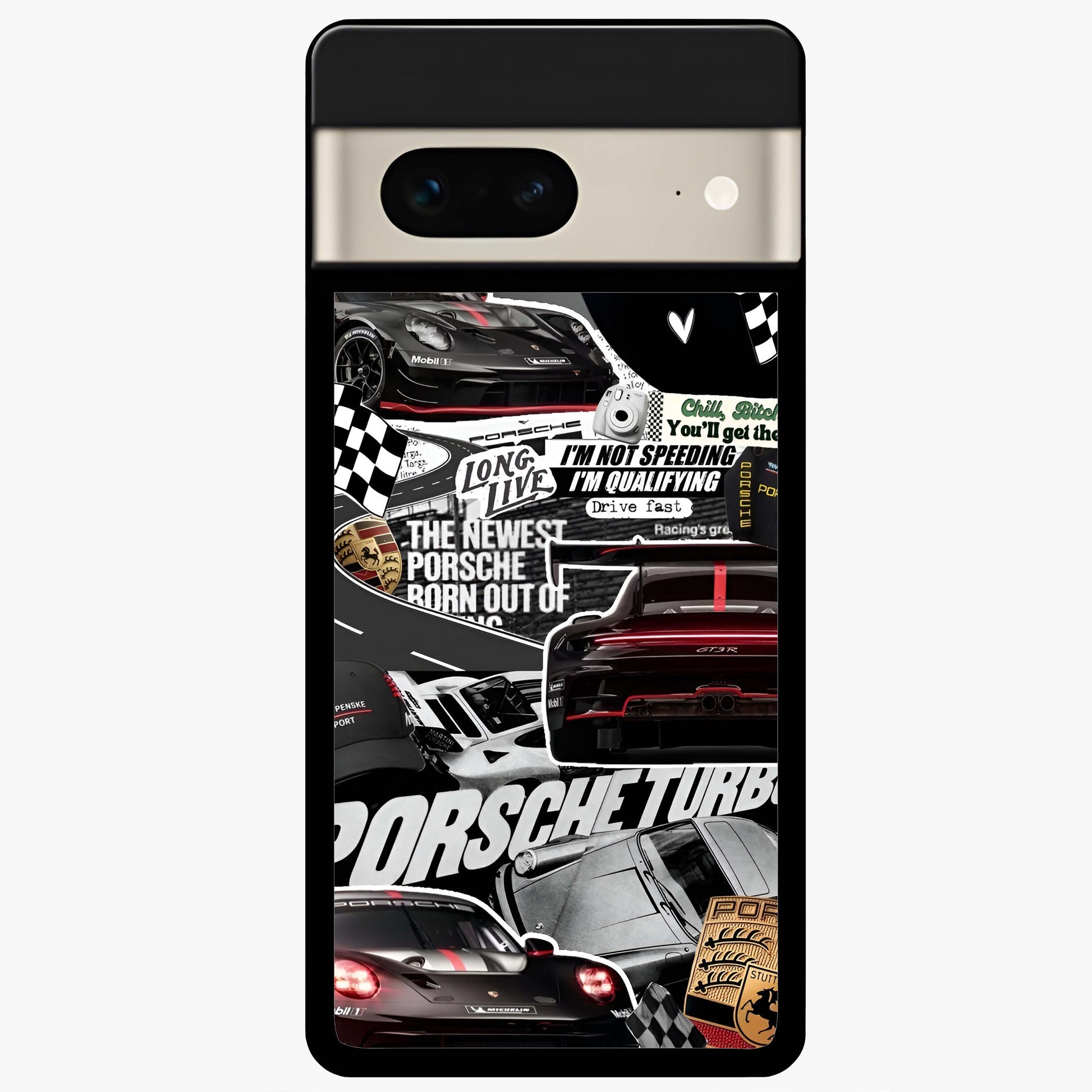 Porsche Racing Collage Glass Case showing flat back view with sports car racing collage artwork and glossy glass finish.