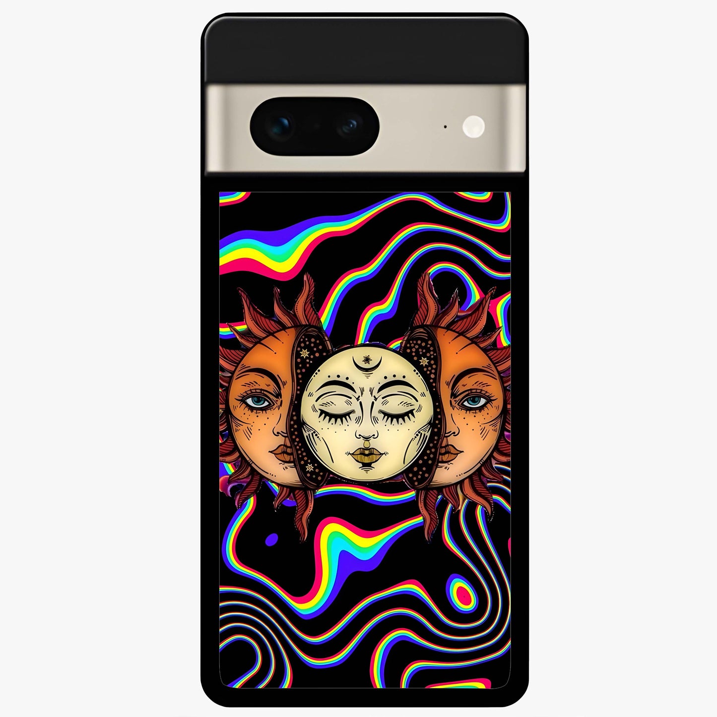 Psychedelic Sun Glass Case showing flat back view with colorful psychedelic sun artwork and glossy glass finish.