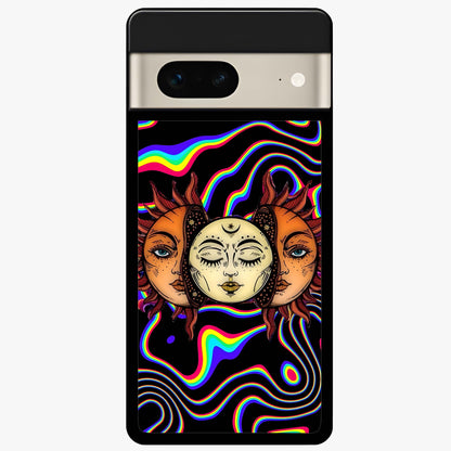 Psychedelic Sun Glass Case showing flat back view with colorful psychedelic sun artwork and glossy glass finish.