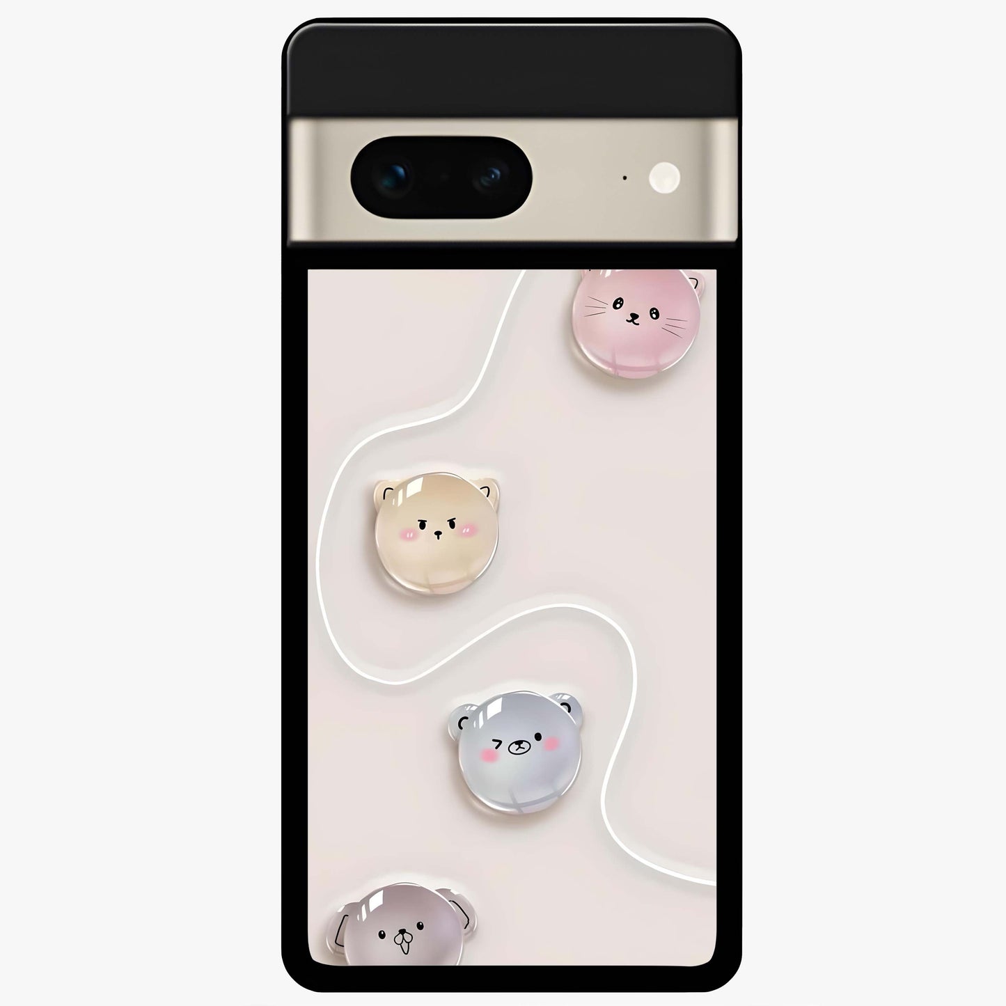 Puffy Face Parade Glass Case showing flat back view with cute puffy character faces artwork and glossy glass finish.