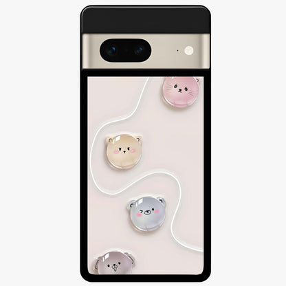 Puffy Face Parade Glass Case showing flat back view with cute puffy character faces artwork and glossy glass finish.