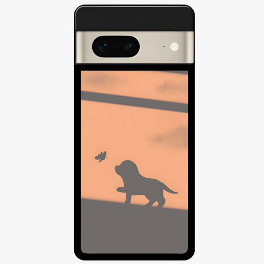 Puppy Shadow Art Glass Case showing flat back view with cute puppy shadow style artwork and glossy glass finish.