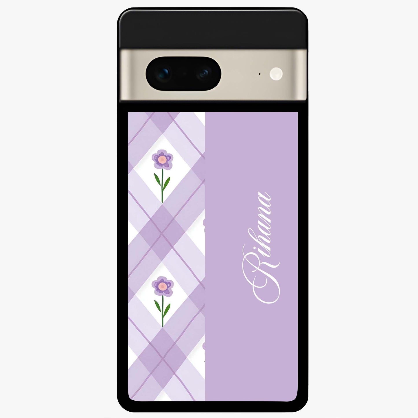 Purple Diamond Floral Glass Case showing flat back view with diamond shaped floral artwork and glossy glass finish.