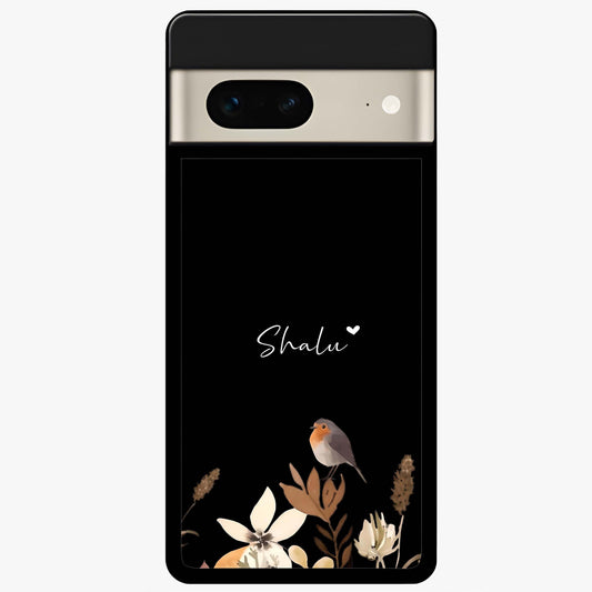 Quiet Garden Tune Custom Name Glass Case showing flat back view with peaceful garden artwork and personalized name design.