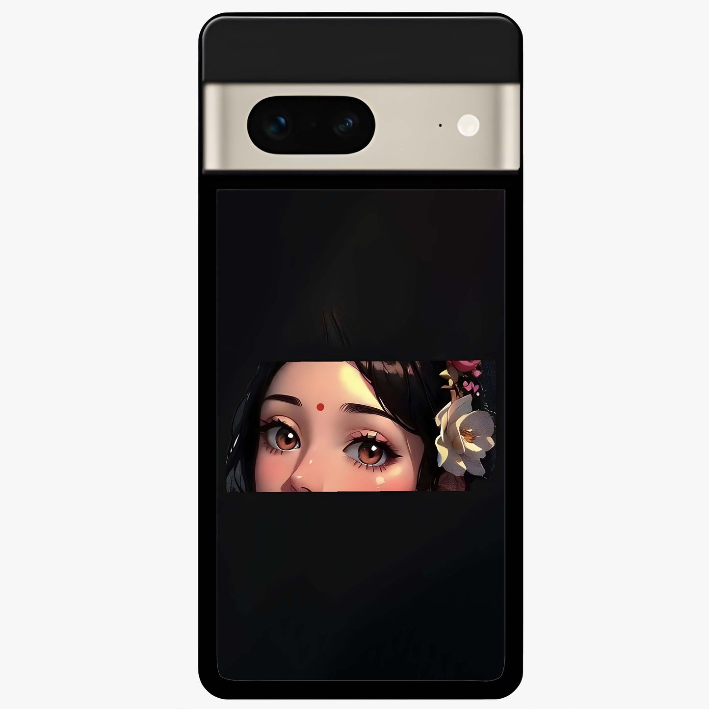 Radha Divine Embrace Glass Case showing flat back view with devotional Radha artwork and glossy glass finish.