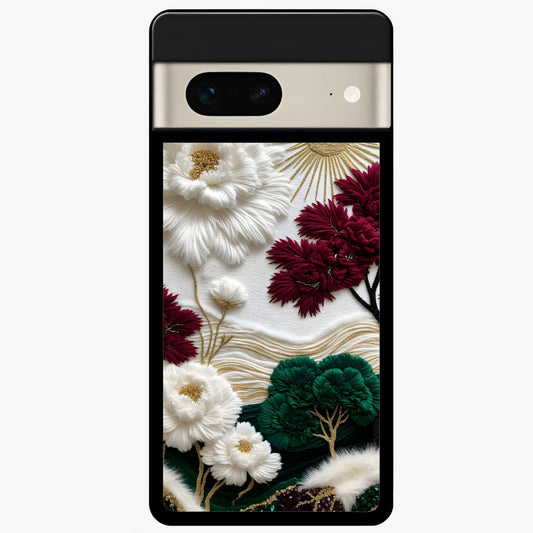 Radiant Bloom Elegance Glass Case showing flat back view with elegant blooming flower artwork and glossy glass finish.