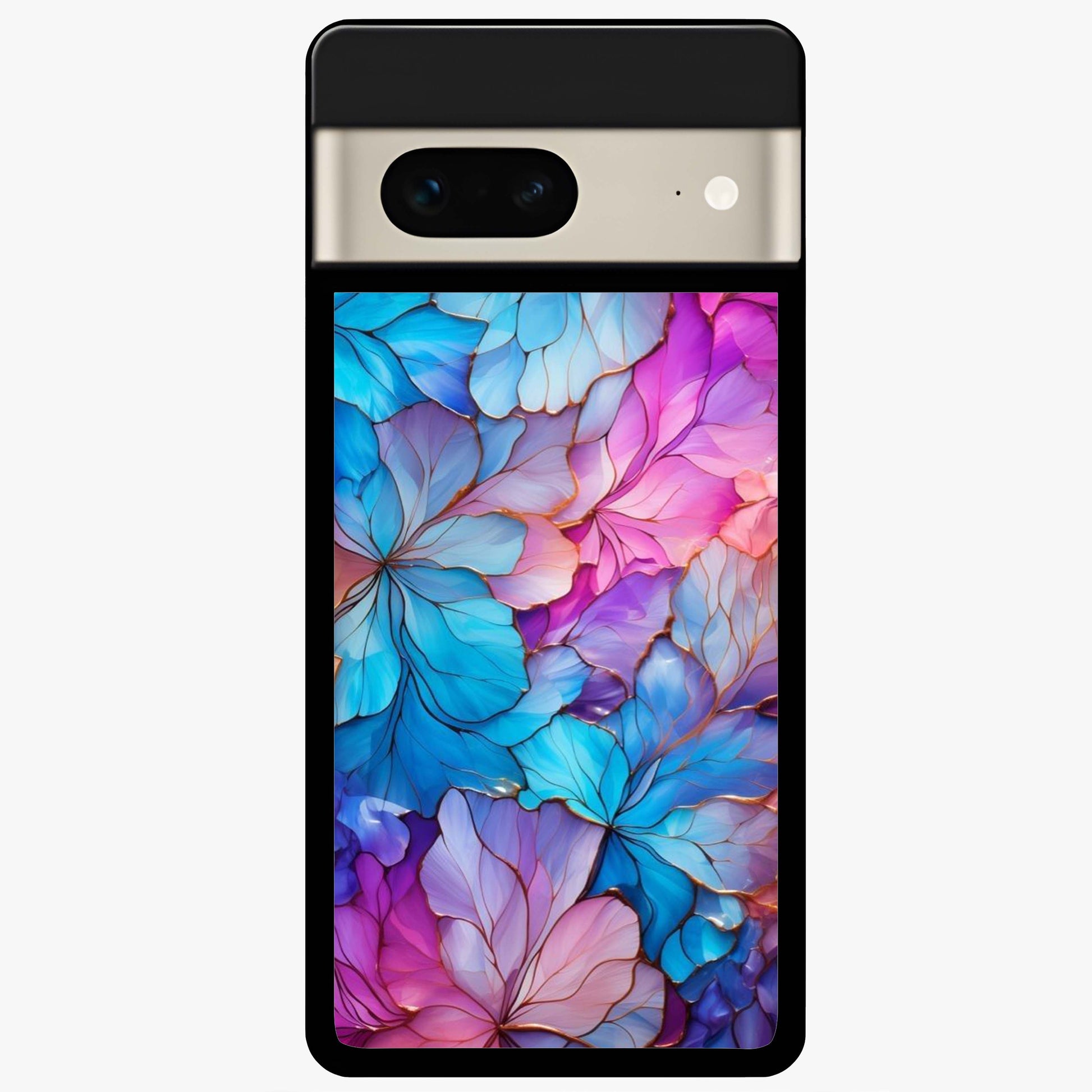 Radiant Floral Whirl Glass Case showing flat back view with swirling floral artwork and glossy glass finish.