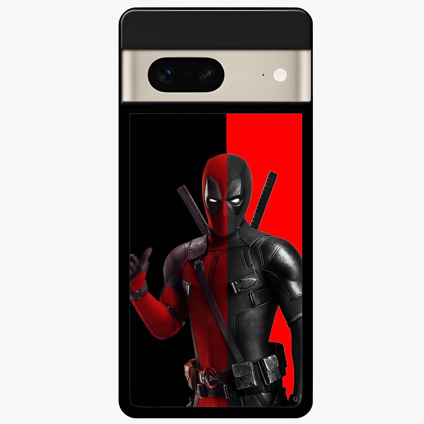 Red & Black Deadpool Theme Glass Case showing flat back view with bold comic inspired artwork and glossy glass finish.