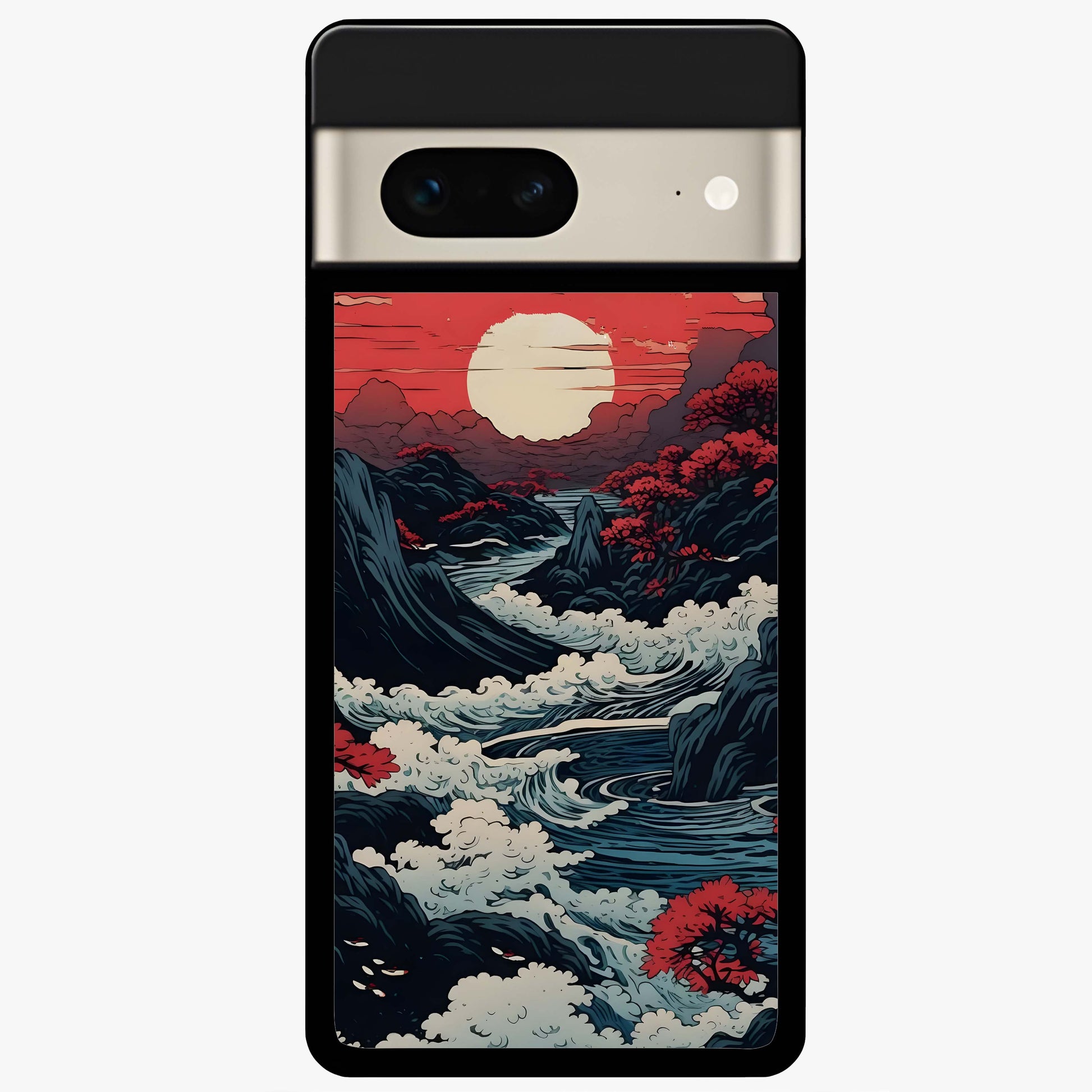 Red Sunset Scenery Glass Case showing flat back view with vibrant sunset landscape artwork and glossy glass finish.