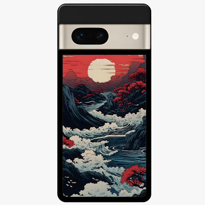 Red Sunset Scenery Glass Case showing flat back view with vibrant sunset landscape artwork and glossy glass finish.