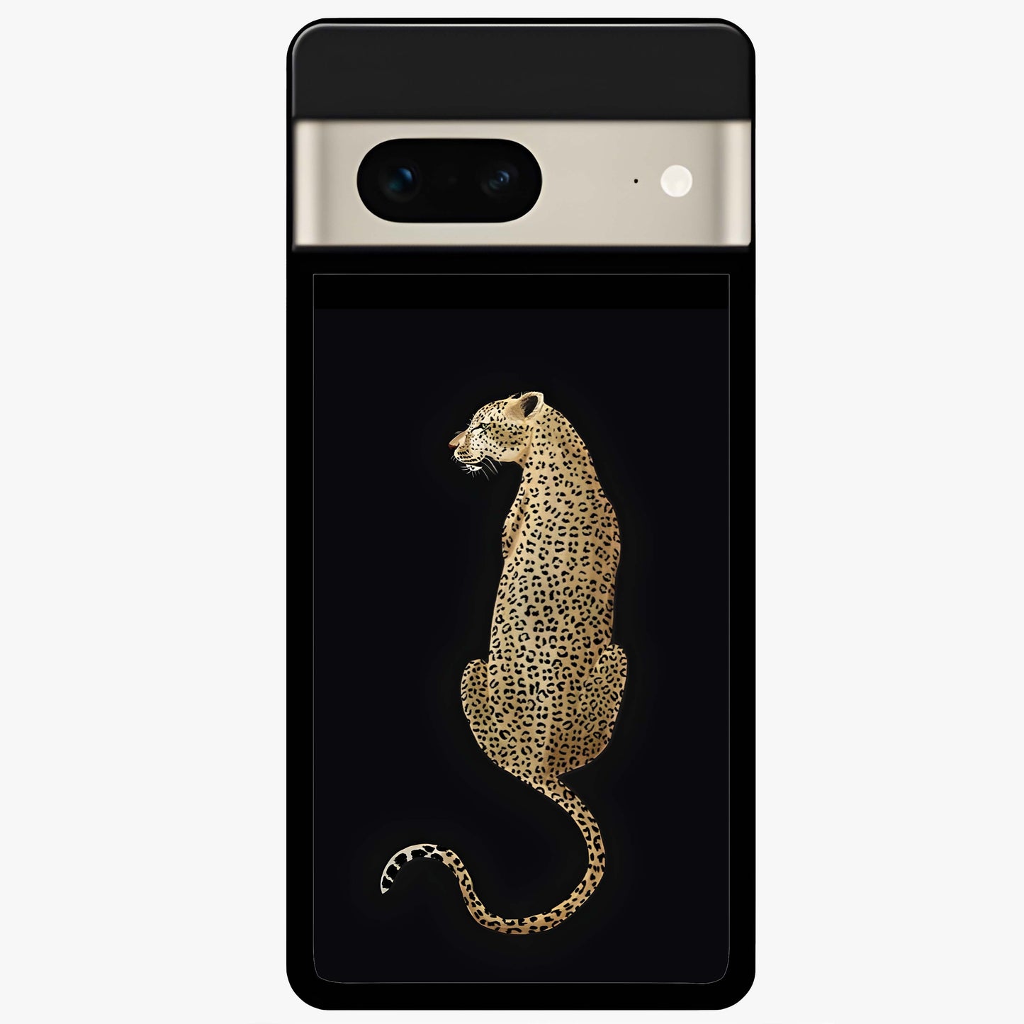 Regal Leopard Glass Case showing flat back view with bold leopard artwork and glossy glass finish.