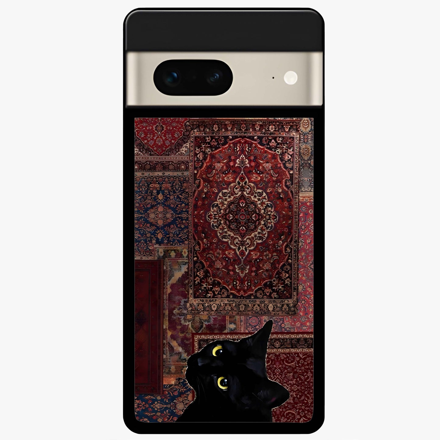 Regal Magic Cat Apple Glass Case showing flat back view with magical cat artwork holding apple and glossy glass finish.