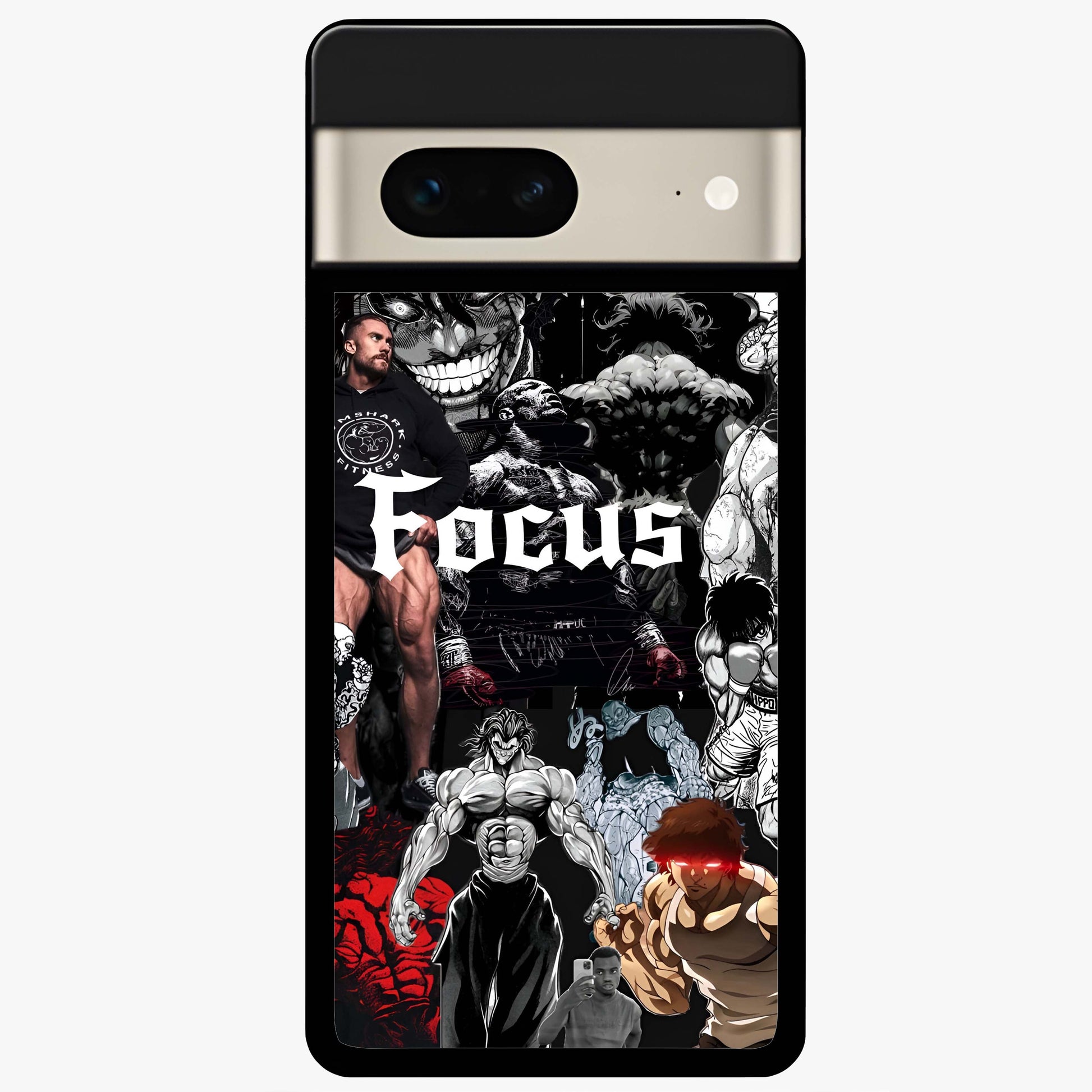 Relentless Power Focus Glass Case showing flat back view with motivational typography artwork and glossy glass finish.