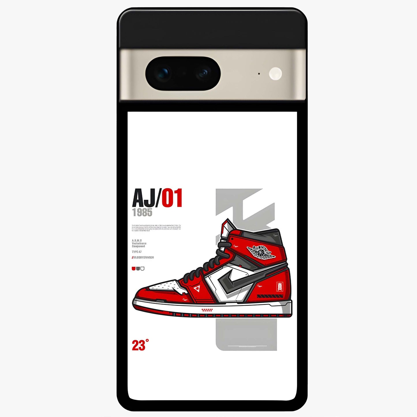 Retro Sneaker Blueprint Glass Case showing flat back view with sneaker blueprint style artwork and glossy glass finish.
