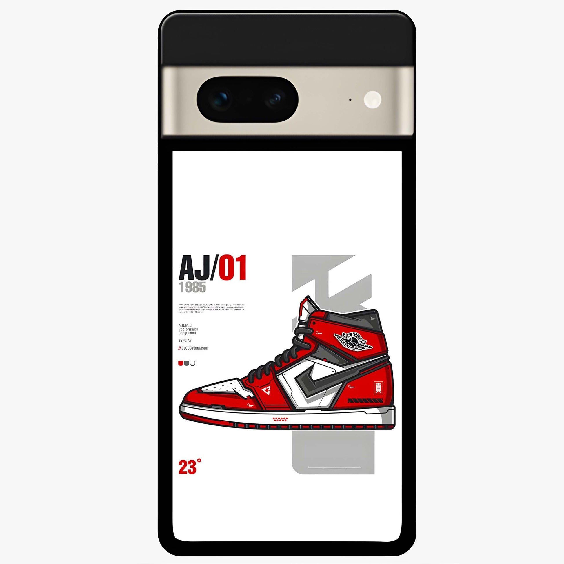 Retro Sneaker Blueprint Glass Case showing flat back view with sneaker blueprint style artwork and glossy glass finish.