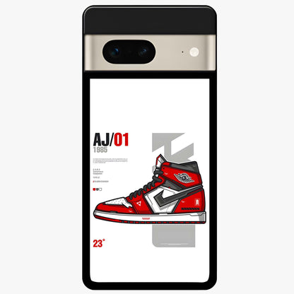 Retro Sneaker Blueprint Glass Case showing flat back view with sneaker blueprint style artwork and glossy glass finish.