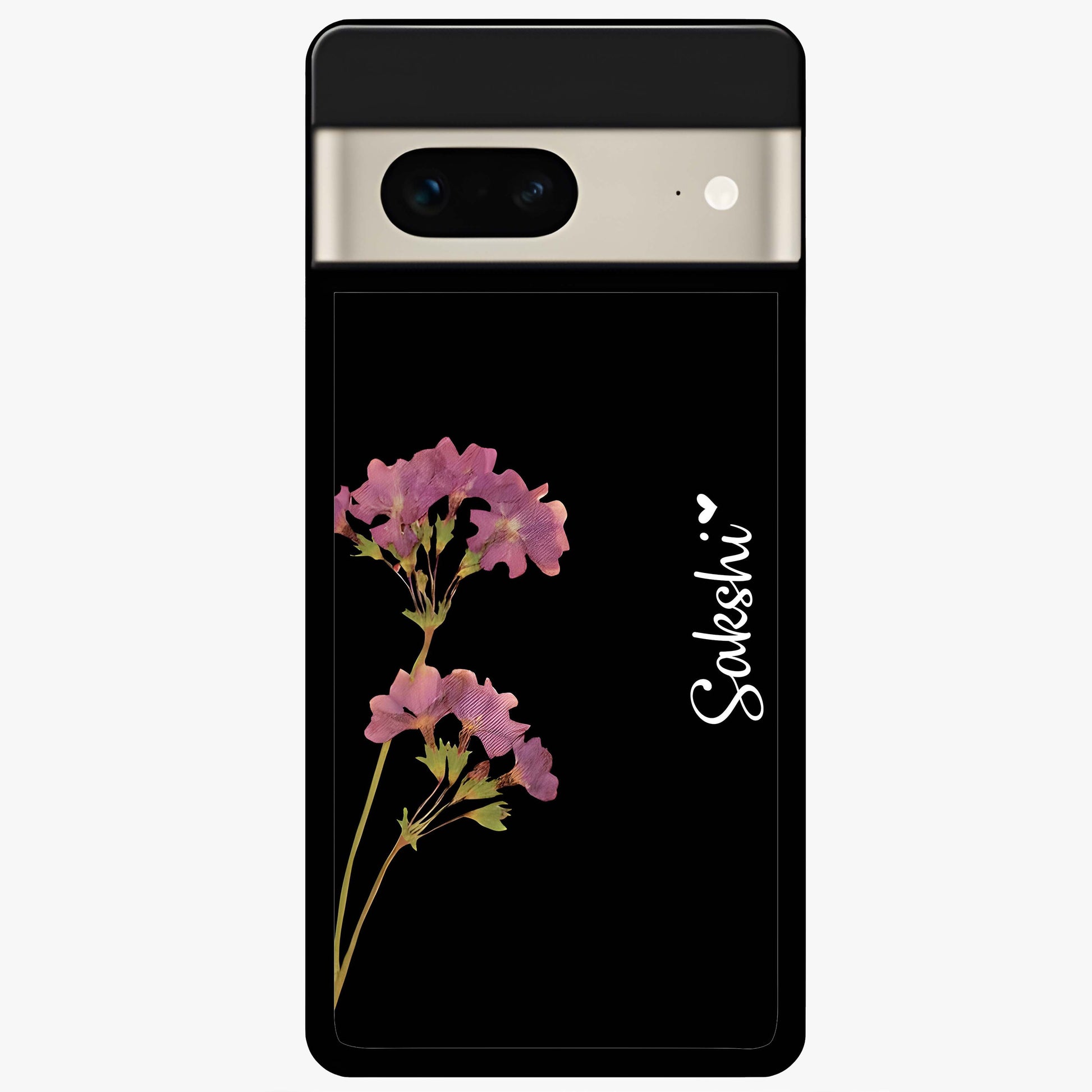 Riching Lavender Flower Custom Name Glass Case showing flat back view with lavender floral artwork and personalized name design.
