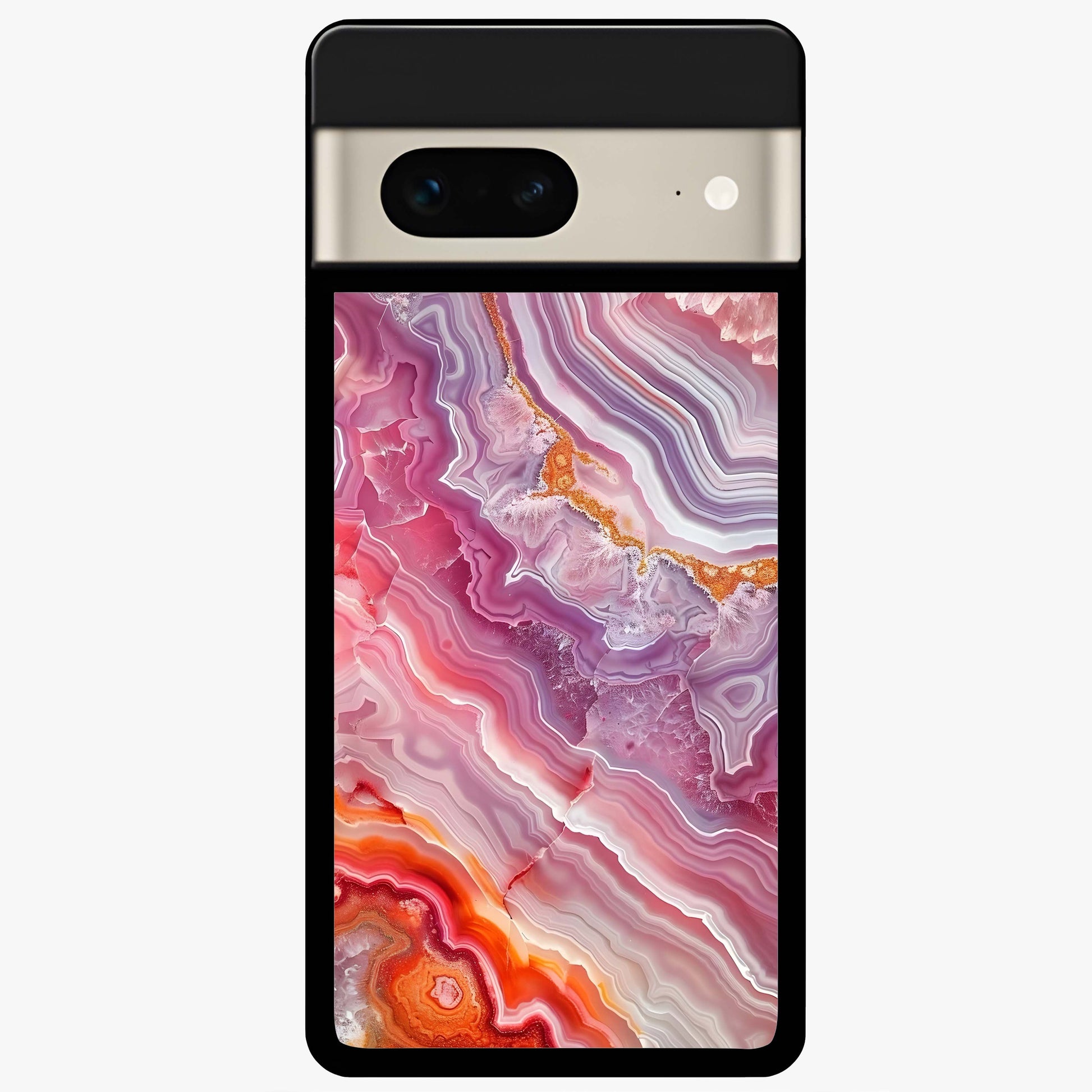 Rose Quartz Marble Glass Case showing flat back view with pink marble quartz texture artwork and glossy glass finish.