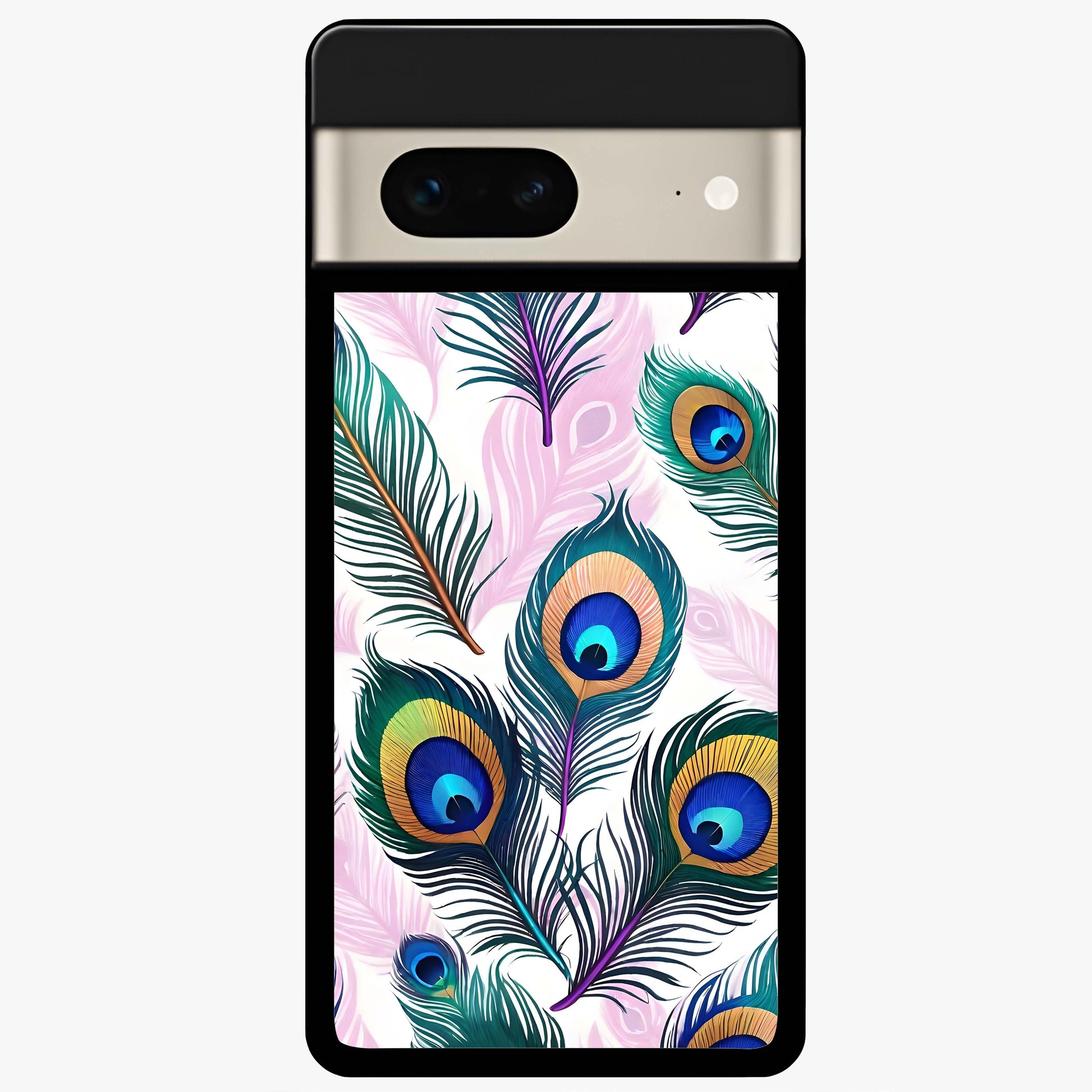 Royal Peacock Feathers Glass Case showing flat back view with colorful peacock feather artwork and glossy glass finish.