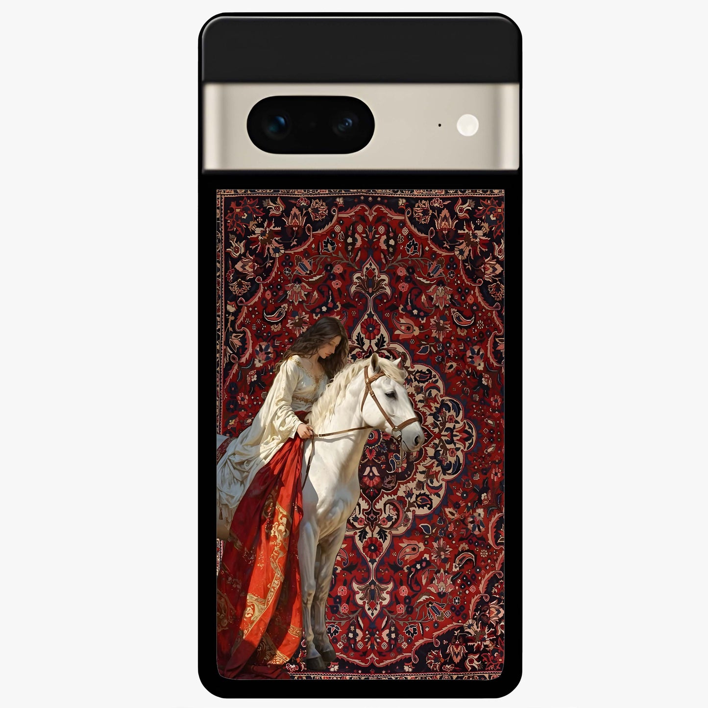 Royal Rider Tapestry Glass Case showing flat back view with majestic horse rider tapestry artwork and glossy glass finish.