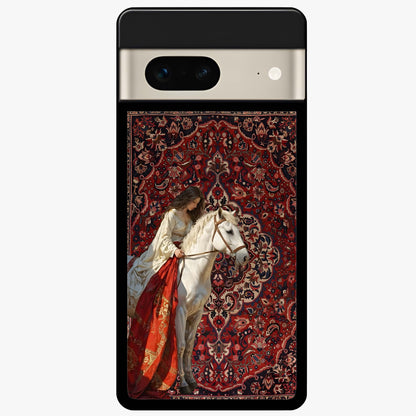 Royal Rider Tapestry Glass Case showing flat back view with majestic horse rider tapestry artwork and glossy glass finish.