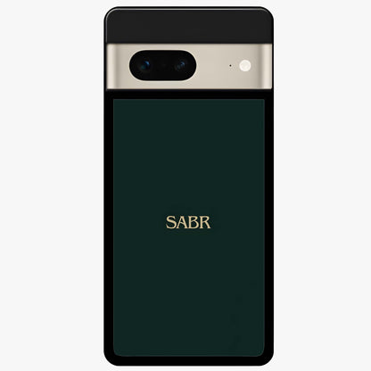 Sabr Minimal Patience Glass Case showing flat back view with minimalist typography artwork and glossy glass finish.