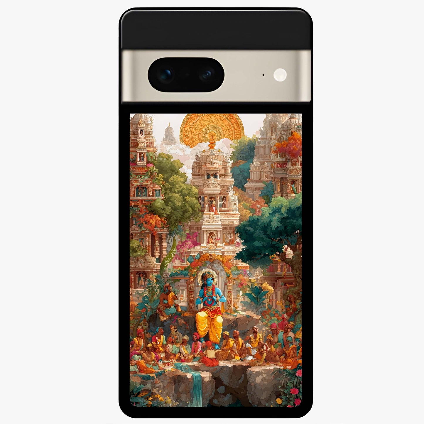 Sacred Sunlight Gods Glass Case showing flat back view with divine sunlight themed artwork and glossy glass finish.