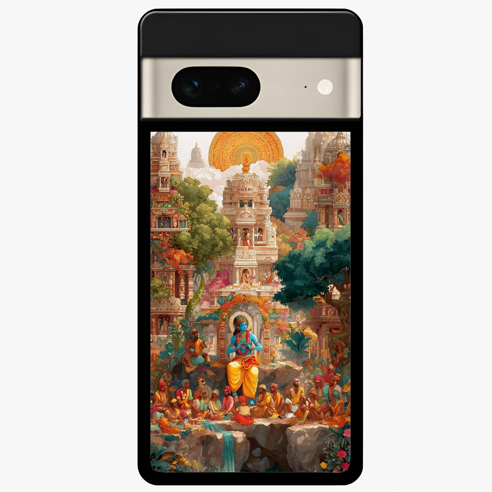 Sacred Sunlight Gods Glass Case showing flat back view with divine sunlight themed artwork and glossy glass finish.
