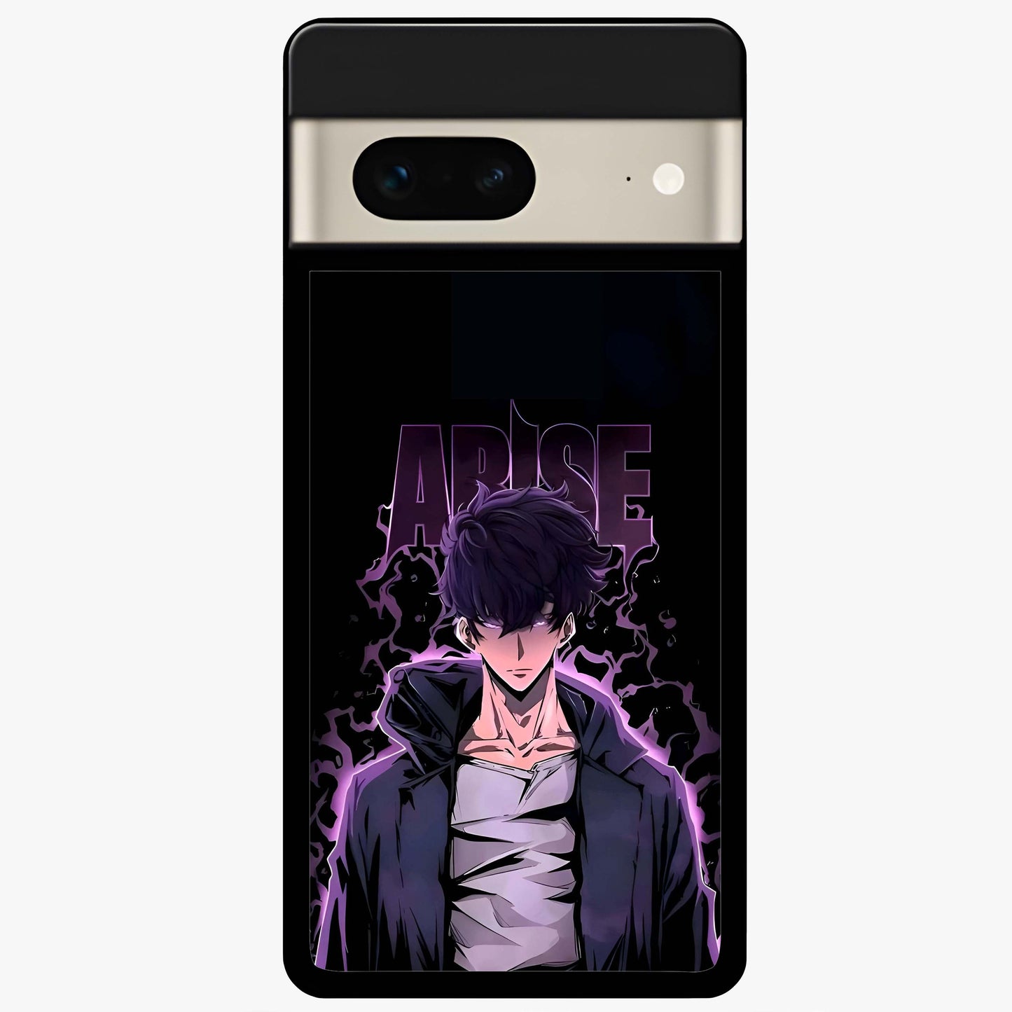 Shadow Monarch Awakening Glass Case showing flat back view with powerful dark monarch themed artwork and glossy glass finish.